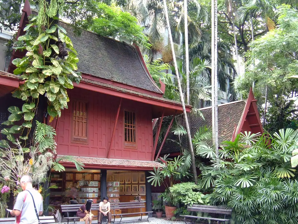 A traditional Thai teak house veranda and garden
