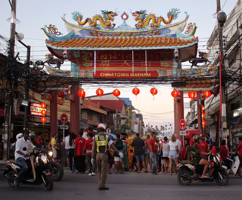 Chinese New Year at the shrine gate in Maenam village, Koh Samui
