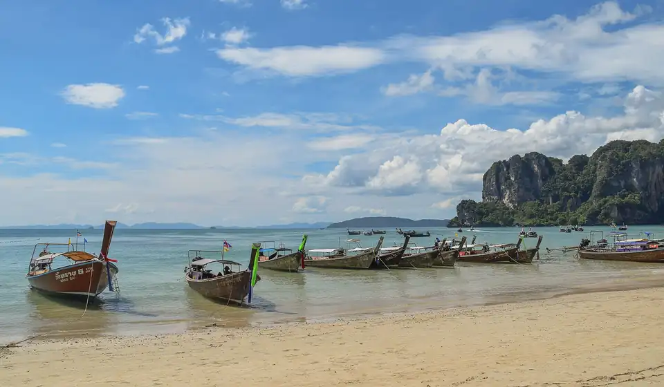 Railay beach in Krabi, enclosed by limestone cliffs