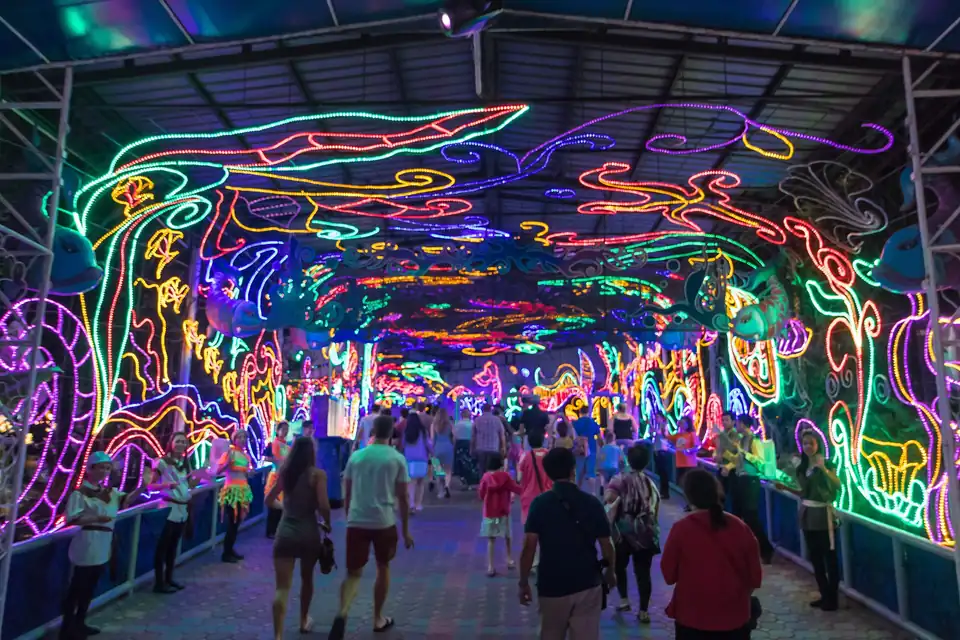 A tunnel of neon lights through the park