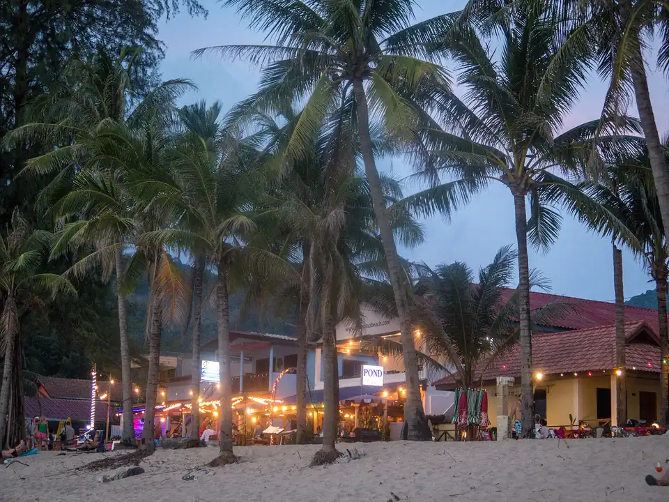 Kamala's beachfront restaurants at dusk