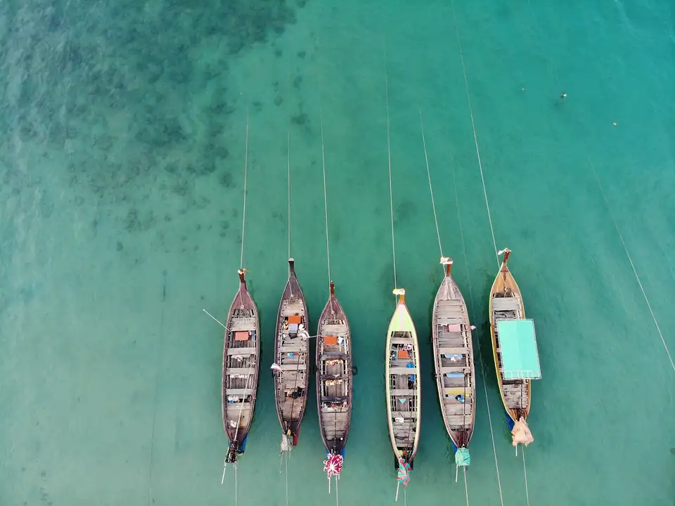 Longtails moored off Kamala seen from above