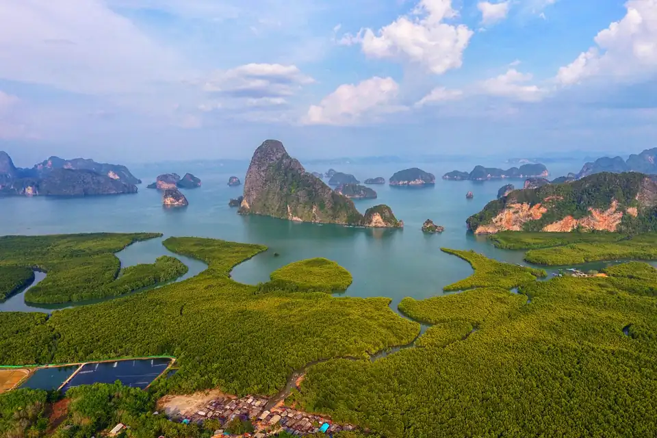 Mangrove channels and karst islands below the hill in the afternoon